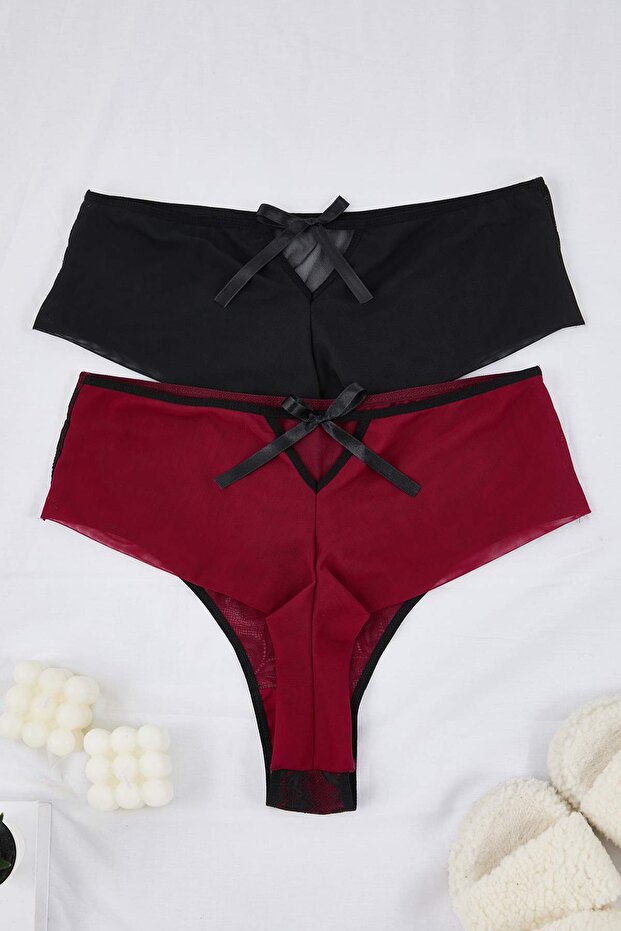 Vişne-Siyah 2'li Paket Fiyonk Dantel Detaylı Brazilian Sexy Büyük Beden Külot TBBAW26CM00002 - 6