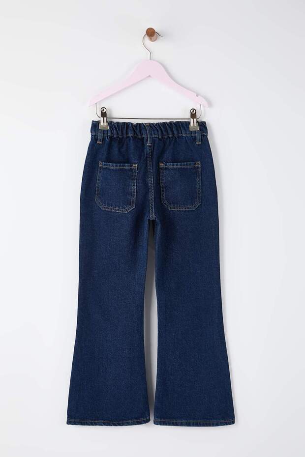 Koyu Mavi %100 Pamuk Nakışlı/İşlemeli Kız Çocuk Denim Jeans TKDAW26JE00011 - 4