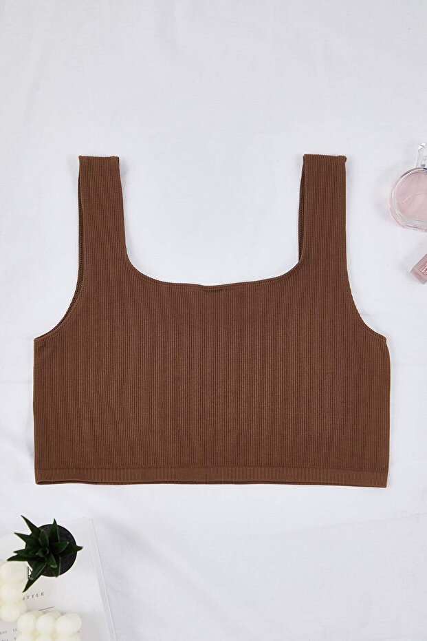 Kahverengi Seamless/Dikişsiz Balensiz Kapsız Esnek Bralette Örme Büyük Beden Sütyen TBBSS23CW00000 - 5