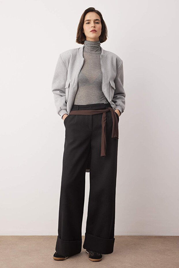 Siyah Wide Leg/Geniş Paça Yüksek Bel Dokuma Pantolon TWOAW23PL00302 - 2