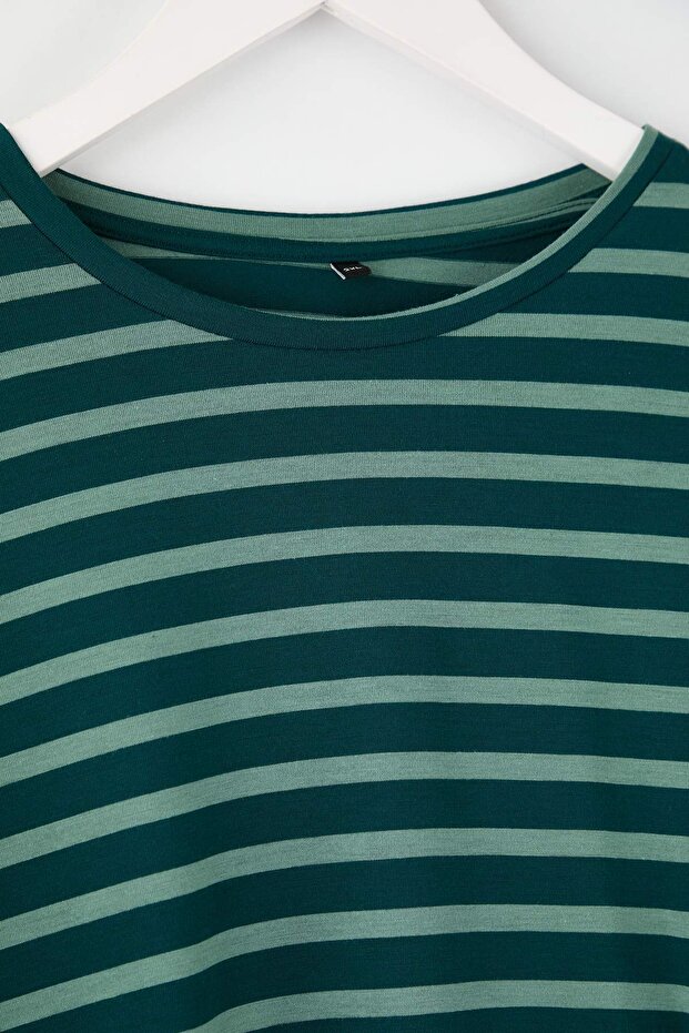 Yeşil Çizgili Regular/Normal Kalıp Basic Bisiklet Yaka Örme T-Shirt TBBAW26BF00003 - 5