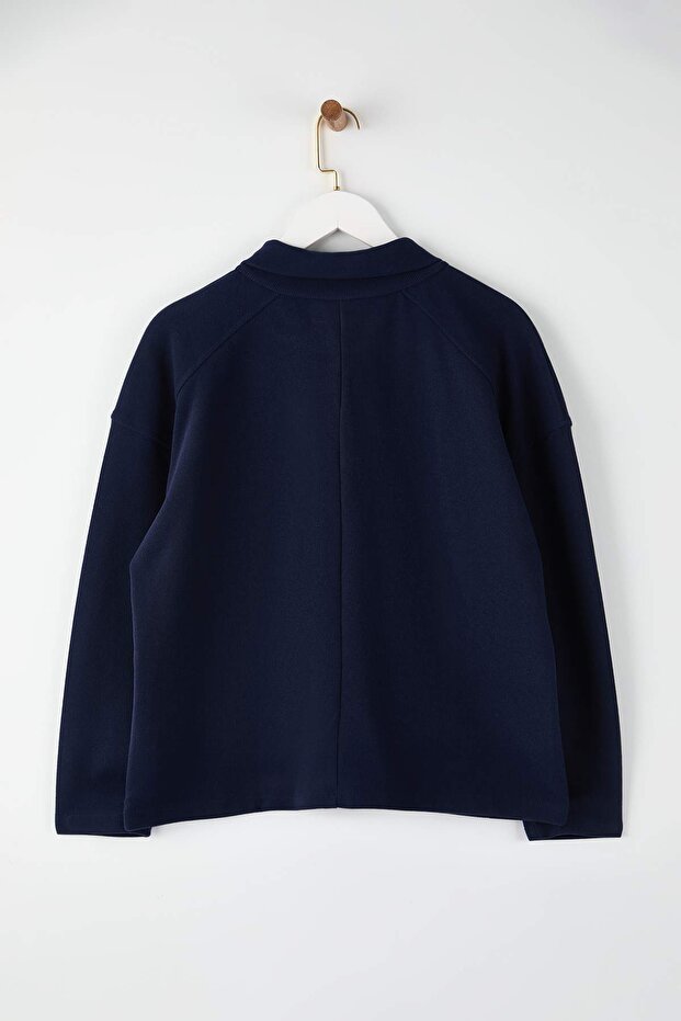Lacivert Gömlek Yaka Dokulu Büyük Beden Sweatshirt TBBAW26AO00018 - 5