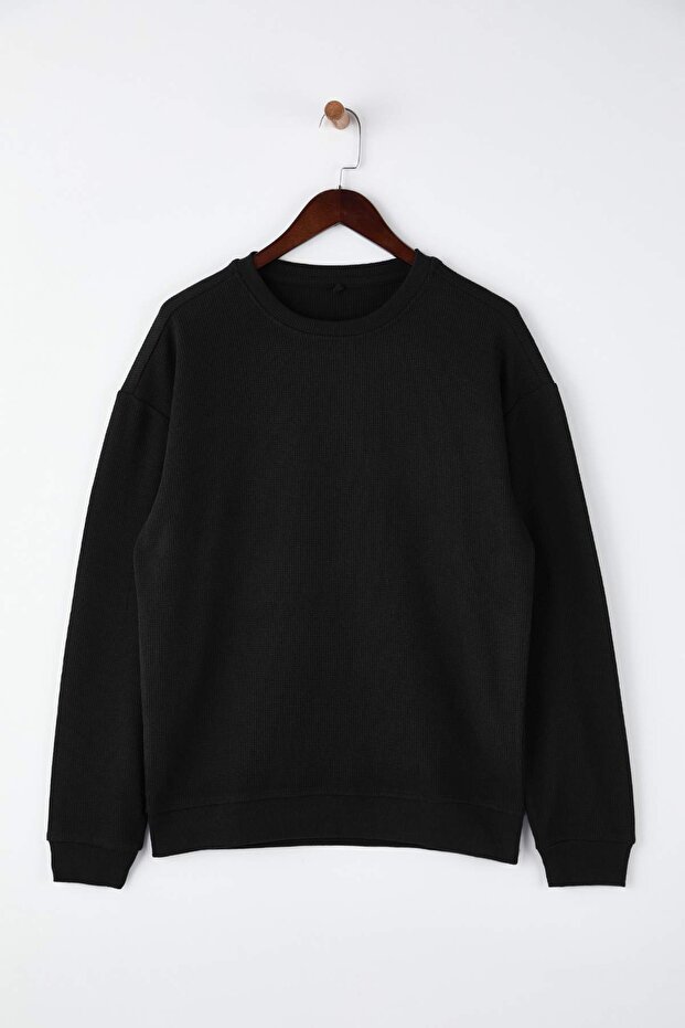 Siyah - Bej Yeni Oversize/Geniş Kalıp 2'li Paket Dokulu Waffle Sweatshirt TMNAW26SW00028 - 4