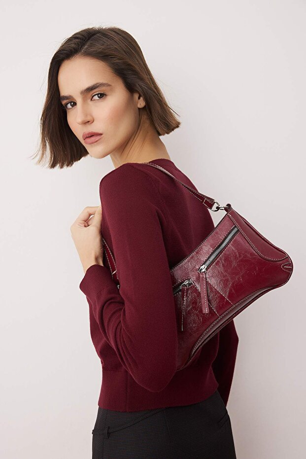 Bordo Kırışık Cilt Kadın Mini Boy Omuz Çantası TAKAW26OC00080 - 3