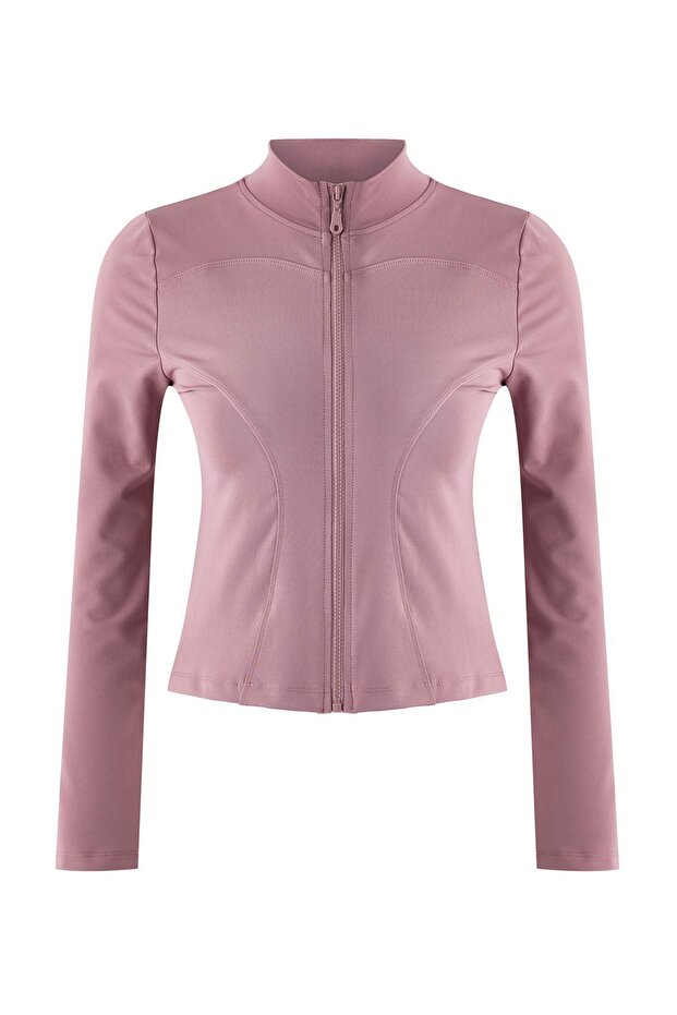 Gül Kurusu Vücuda Oturan Fermuarlı Dik Yaka Örme Spor Ceket/Sweatshirt TWOAW23BZ00592 - 5