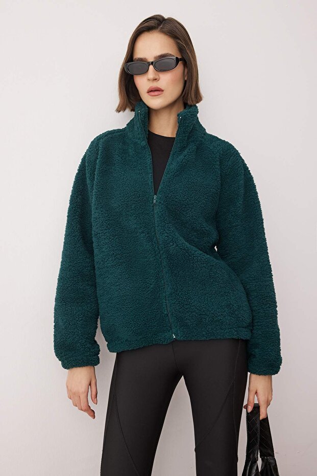 Petrol Düz Renk Peluş Oversize/Geniş Kalıp Örme Sweatshirt TWOAW26SW00022 - 1