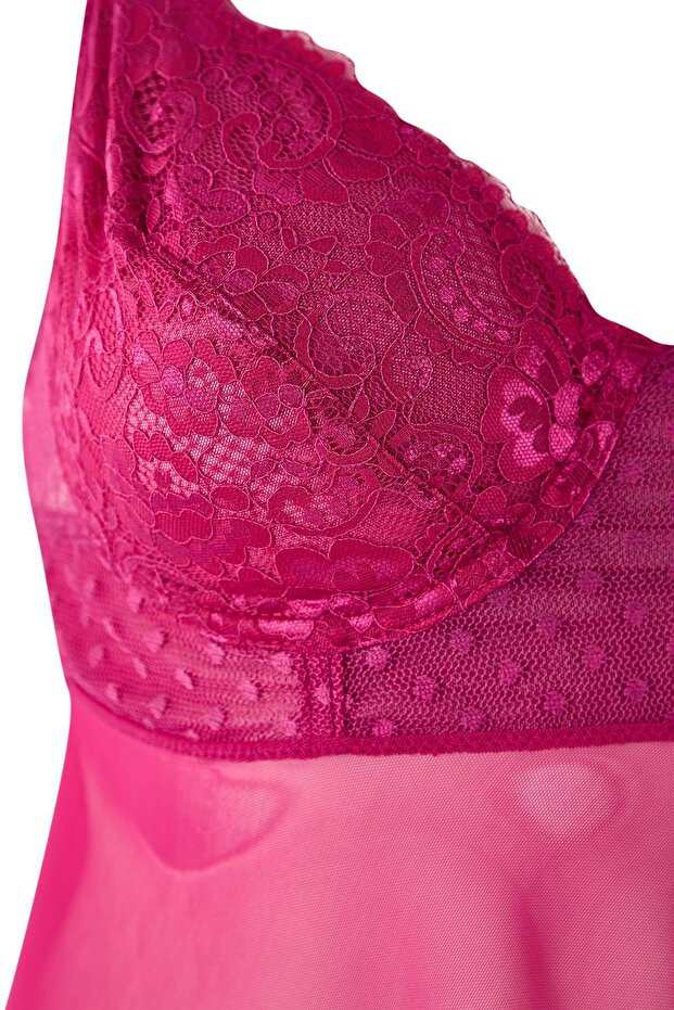 Fuşya Yüksek Bel Dantelli Balenli Ayarlanabilir Babydoll&Tanga Takım TBBSS24DH00001 - 5