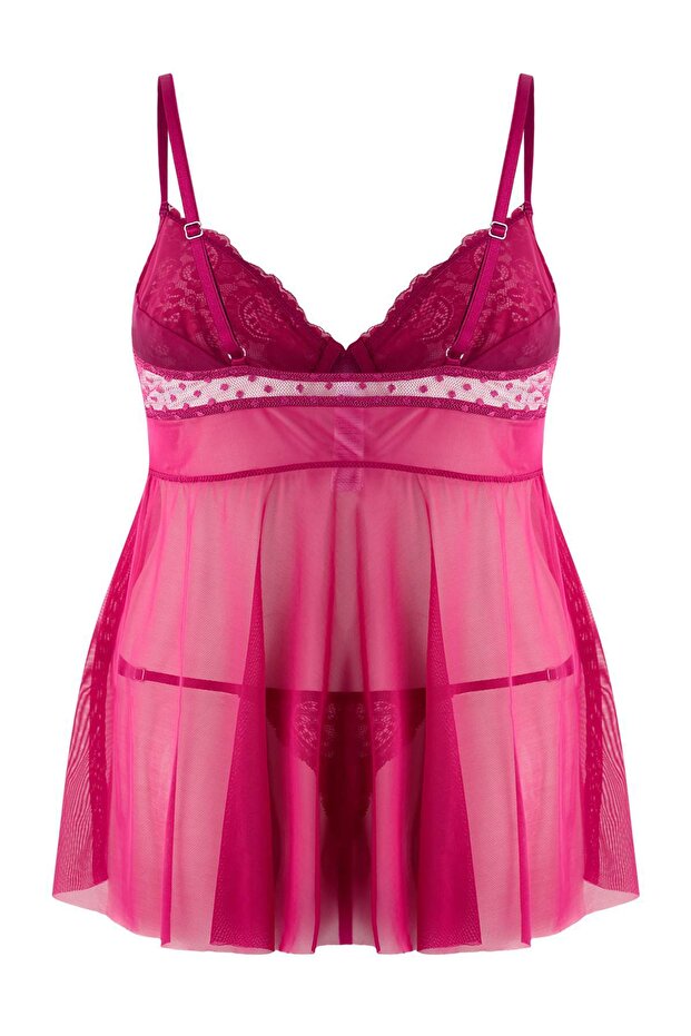 Fuşya Yüksek Bel Dantelli Balenli Ayarlanabilir Babydoll&Tanga Takım TBBSS24DH00001 - 6
