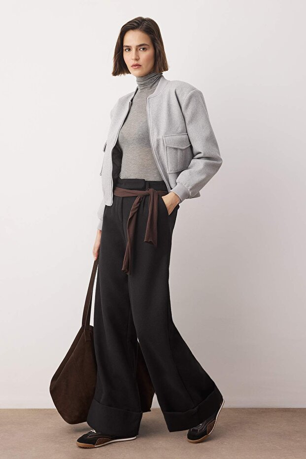Siyah Wide Leg/Geniş Paça Yüksek Bel Dokuma Pantolon TWOAW23PL00302 - 1