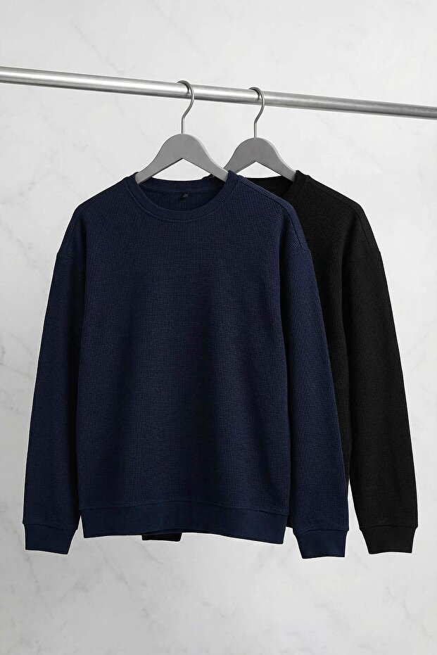 Siyah- Lacivert Yeni Oversize/Geniş Kalıp 2'li Paket Dokulu Waffle Sweatshirt TMNAW26SW00028 - 1