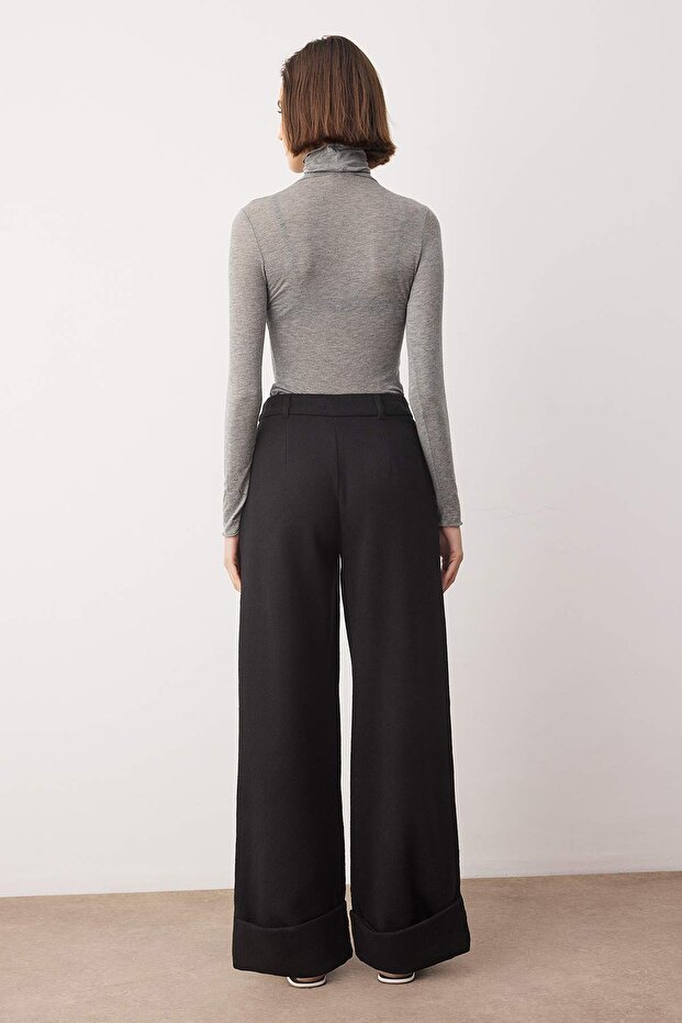Siyah Wide Leg/Geniş Paça Yüksek Bel Dokuma Pantolon TWOAW23PL00302 - 4