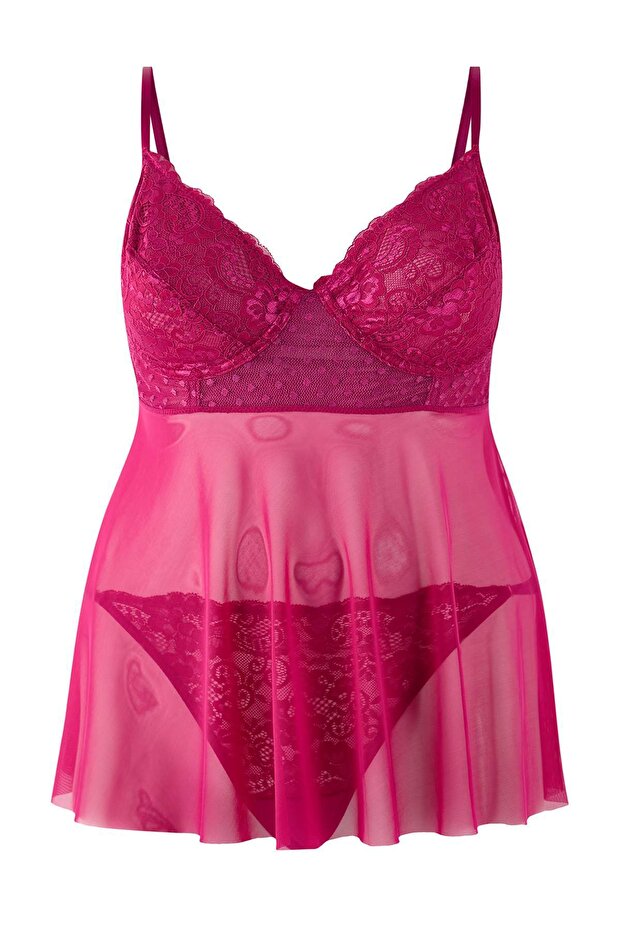 Fuşya Yüksek Bel Dantelli Balenli Ayarlanabilir Babydoll&Tanga Takım TBBSS24DH00001 - 3
