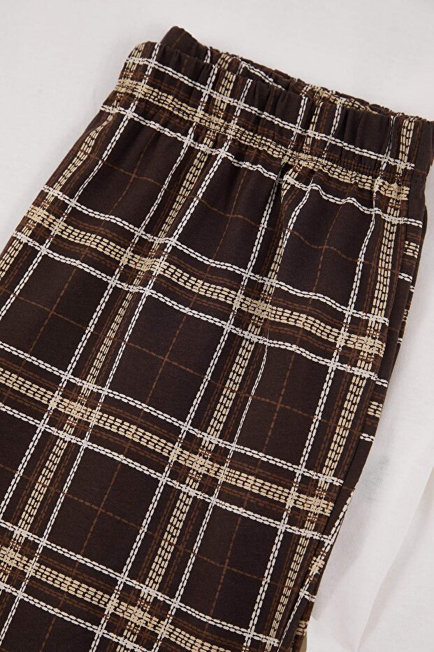 Kahverengi %100 Pamuklu Kalpli Ekoseli Örme Pijama Takımı THMAW26PT00063 - 6