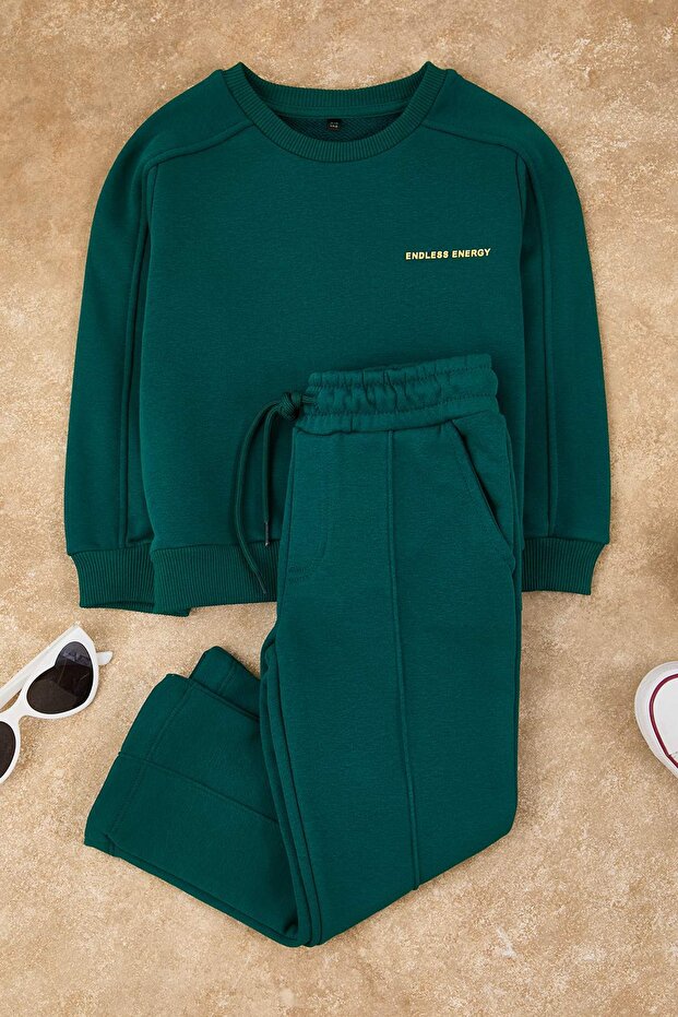 Zümrüt Yeşili Pamuklu Çocuk Örme Sweatshirt ve Eşofman Alt - Üst Takım TKDAW26AU00022 - 2