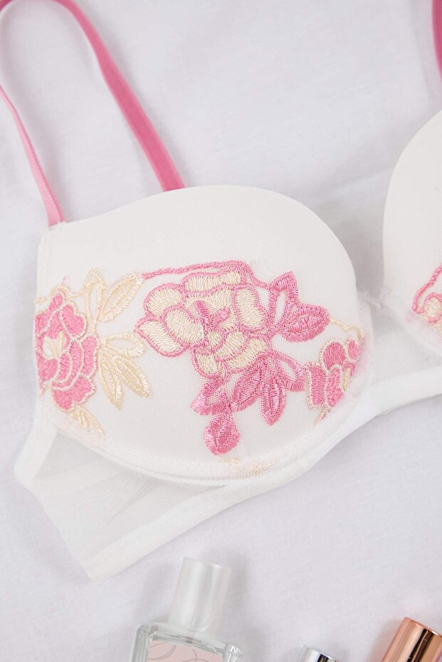 Pembe Brode Çiçekli Push Up T-Shirt Bra Örme Sütyen THMAW26SU00019 - 8