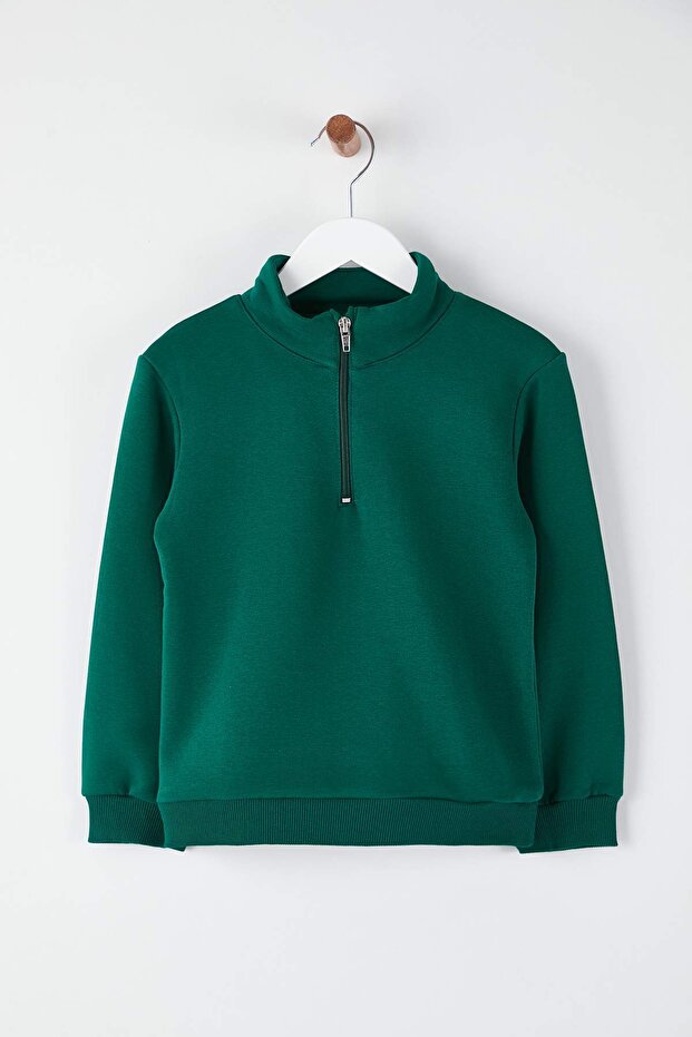 Zümrüt Yeşili Pamuklu Düz/Basic Dik Yaka Regular Örme Erkek Çocuk Sweatshirt TKDAW26SW00008 - 2