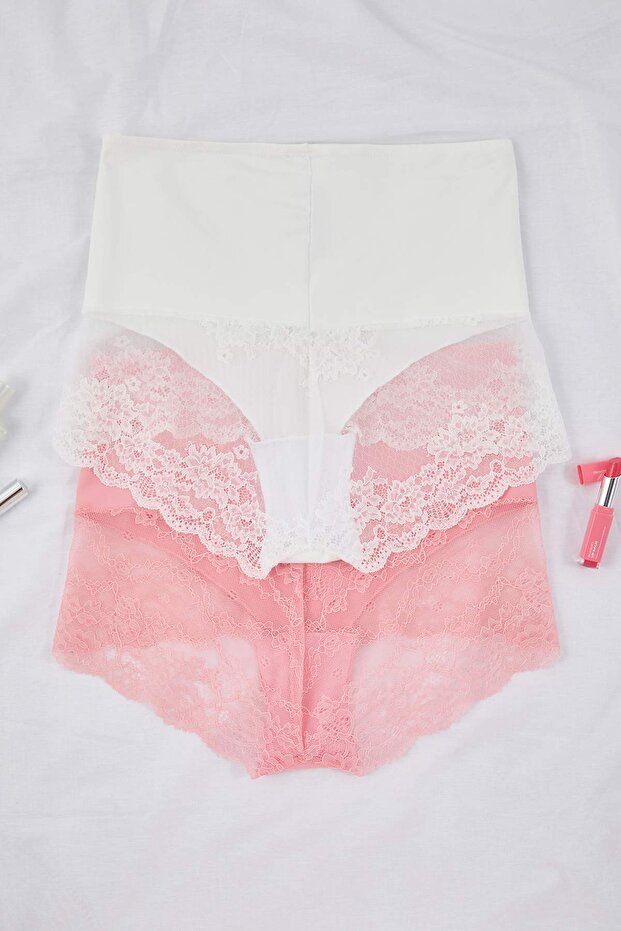 Beyaz-Pembe 2'li Paket Yüksek Bel Dantelli Yumuşak Esnek Klasik Büyük Beden Külot TBBAW25CM00006 - 6