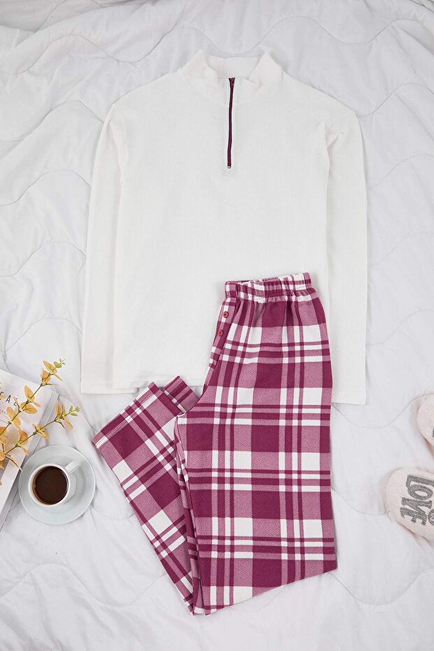Beyaz-Bordo Fermuarlı Yumuşak Kışlık Waffle Örme Pijama Takımı THMAW26PT00186 - 5