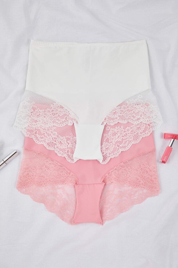 Beyaz-Pembe 2'li Paket Yüksek Bel Dantelli Yumuşak Esnek Klasik Büyük Beden Külot TBBAW25CM00006 - 4