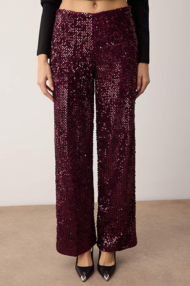 Mürdüm Wide Leg/Geniş Paça Örme Payet Şık/Gece Pantolon TPRAW26PL00005 - 3