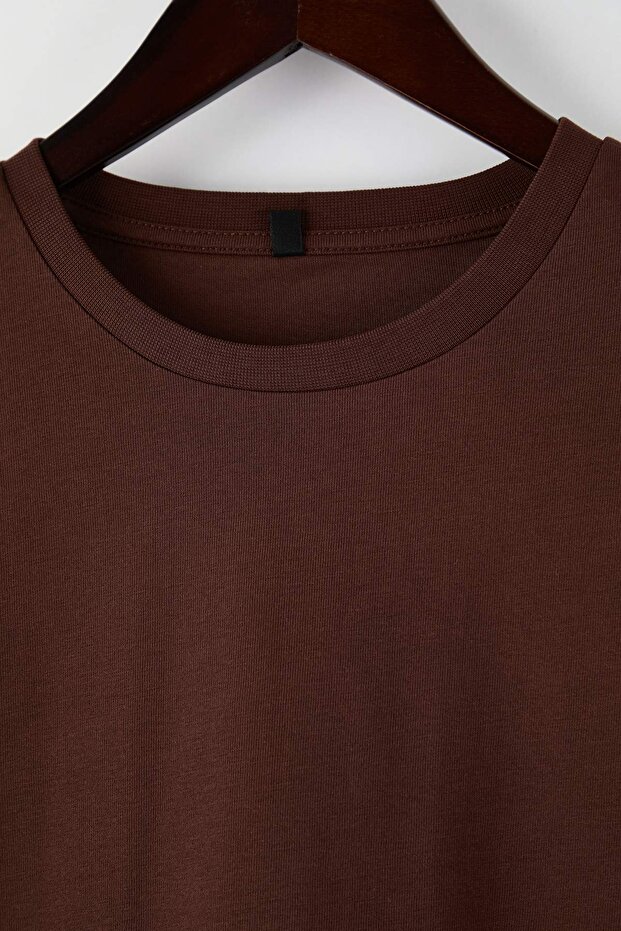 Kahverengi Ekru İspanyol Kol Bisiklet Yaka Regular/Normal Kalıp Örme T-Shirt TWOAW24TS00008 - 6