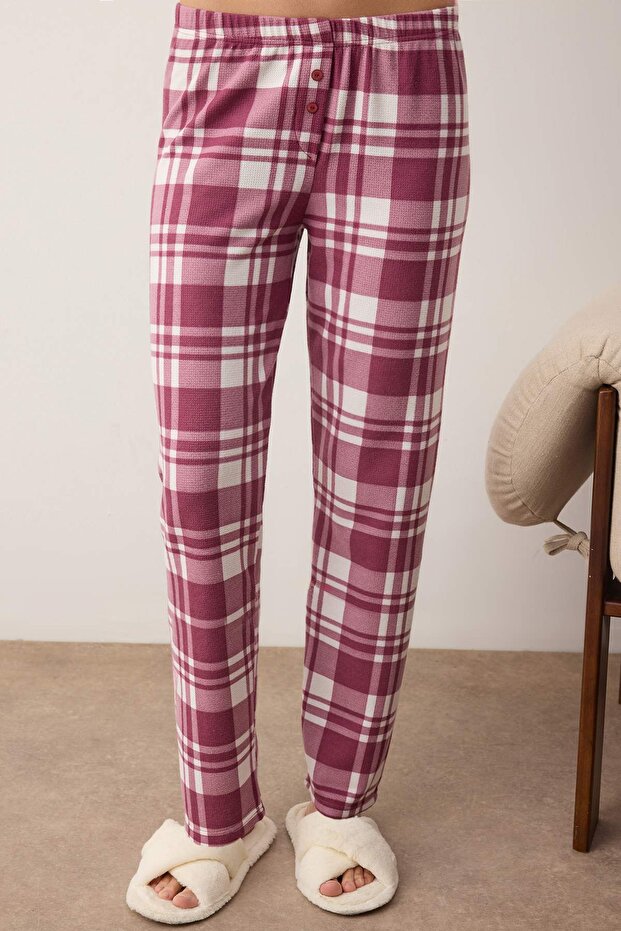 Beyaz-Bordo Fermuarlı Yumuşak Kışlık Waffle Örme Pijama Takımı THMAW26PT00186 - 3