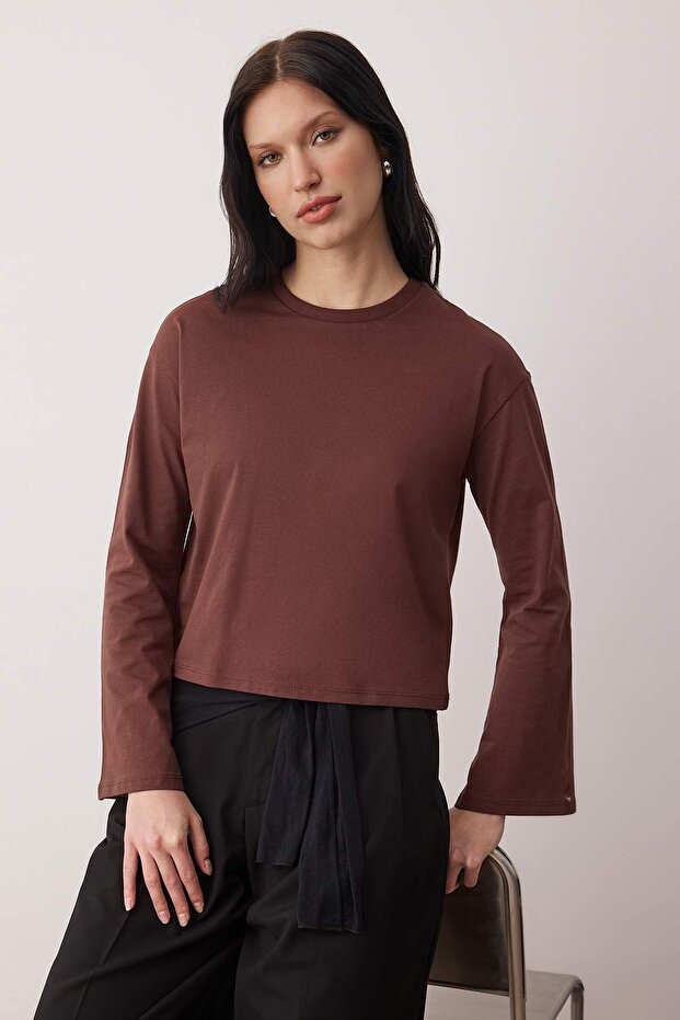 Kahverengi Ekru İspanyol Kol Bisiklet Yaka Regular/Normal Kalıp Örme T-Shirt TWOAW24TS00008 - 2