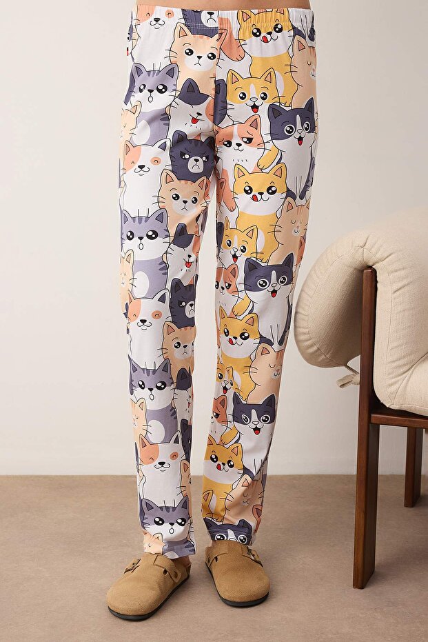 Antrasit Kedi Desenli Pamuklu Likralı Yumuşak Tuşe Örme Pijama Takımı THMAW26PT00167 - 3