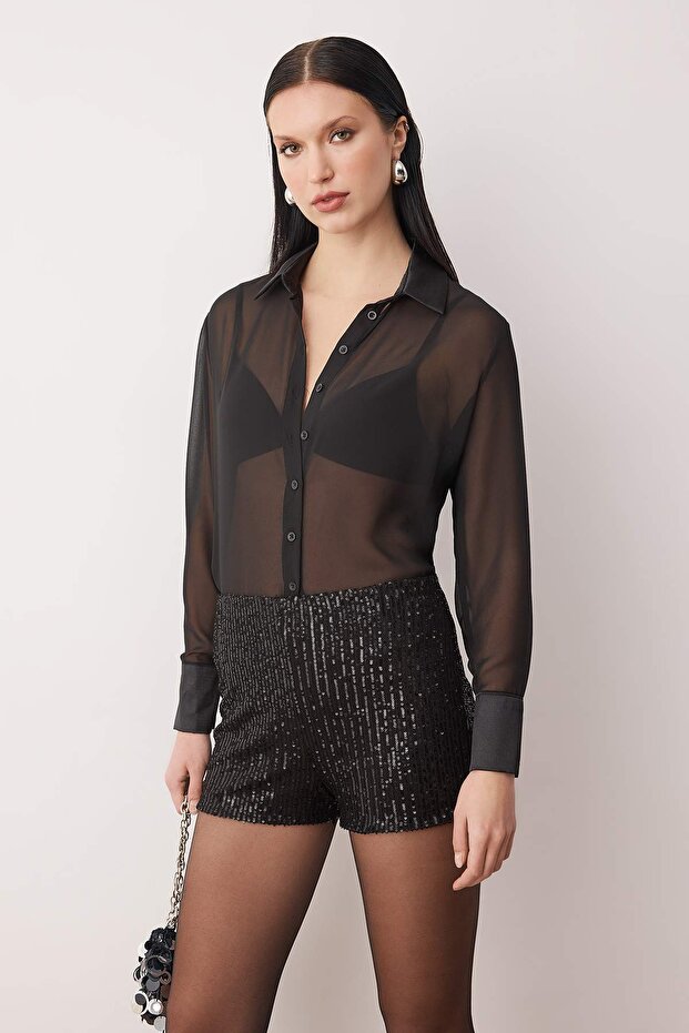 Siyah Extra/Süper Mini Örme Payet Şort TPRAW26SR00006 - 1
