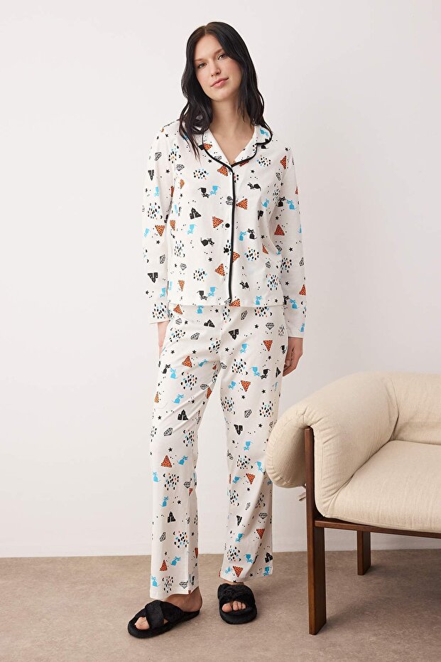 Çok Renkli %100 Pamuklu Desenli Örme Pijama Takımı THMAW21PT0084 - 2
