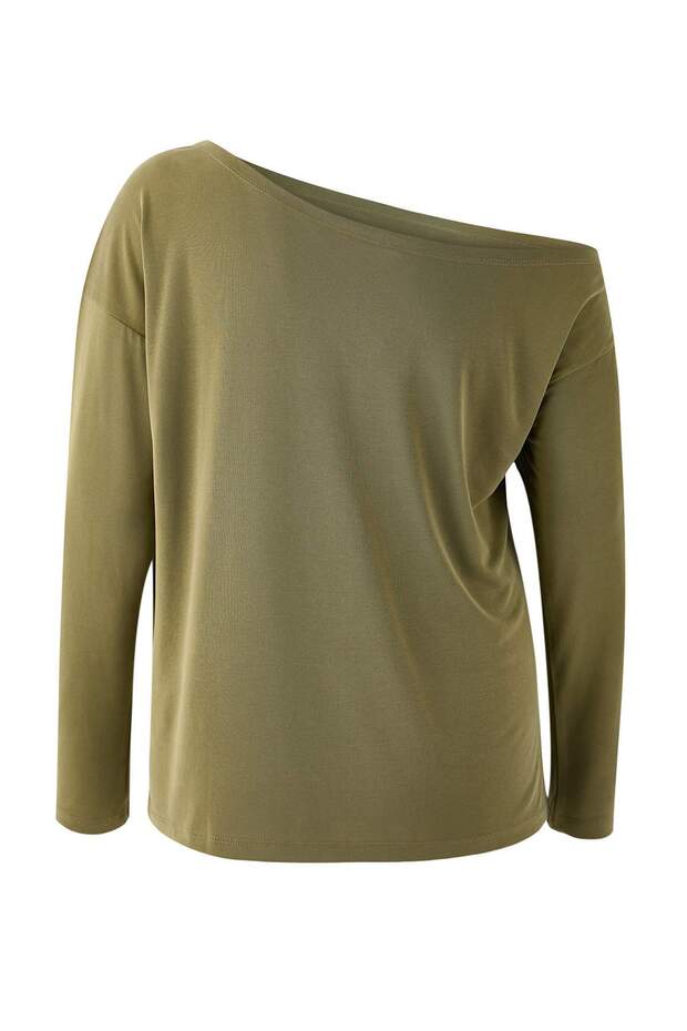 Yeşil Modal Kumaş Kayık Yaka Relaxed/Rahat Kesim Örme Büyük Beden Bluz TBBAW25AF00044 - 6