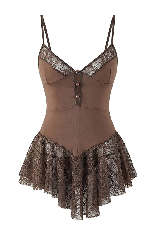 Vizon Dantelli Düğmeli Askılı Kapsız Külotlu Babydoll/Fantezi Gecelik THMAW26LL00003 - 6