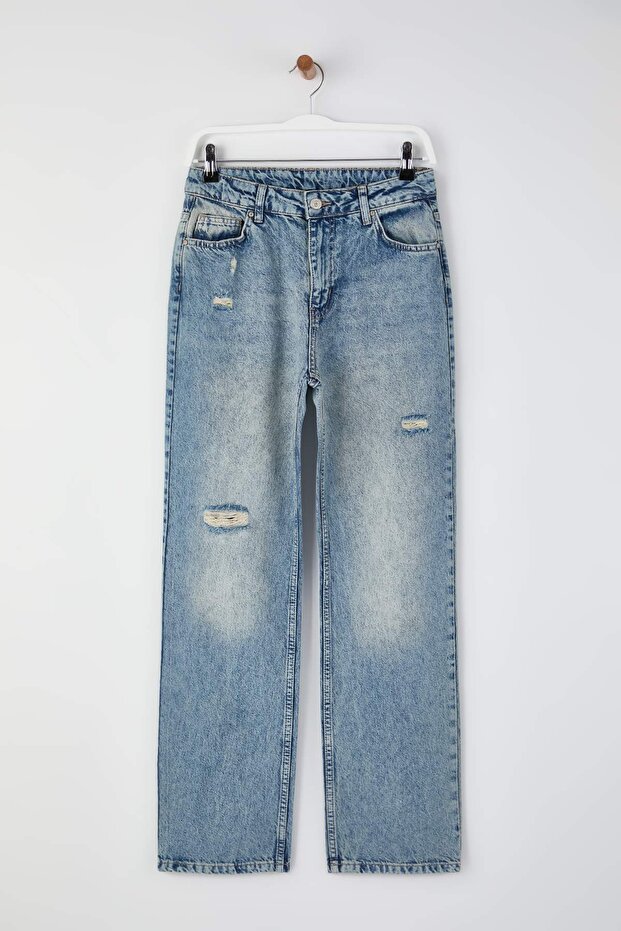 Mavi Yüksek Bel Yırtıklı Straight Jeans TWOSS26JE00070 - 5