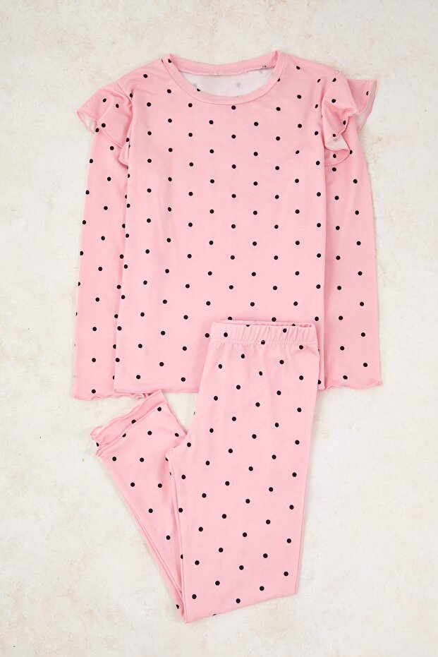 Pudra-Ekru Baskılı Yumuşak Dokulu 4'lü Örme Regular Kız Çocuk Alt-Üst Pijama Takımı TKDAW26PT00012 - 4
