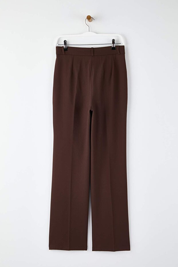 Koyu Kahverengi Straight/Düz Kesim Pilili Dokuma Kumaş Pantolon TWOAW23PL00401 - 6