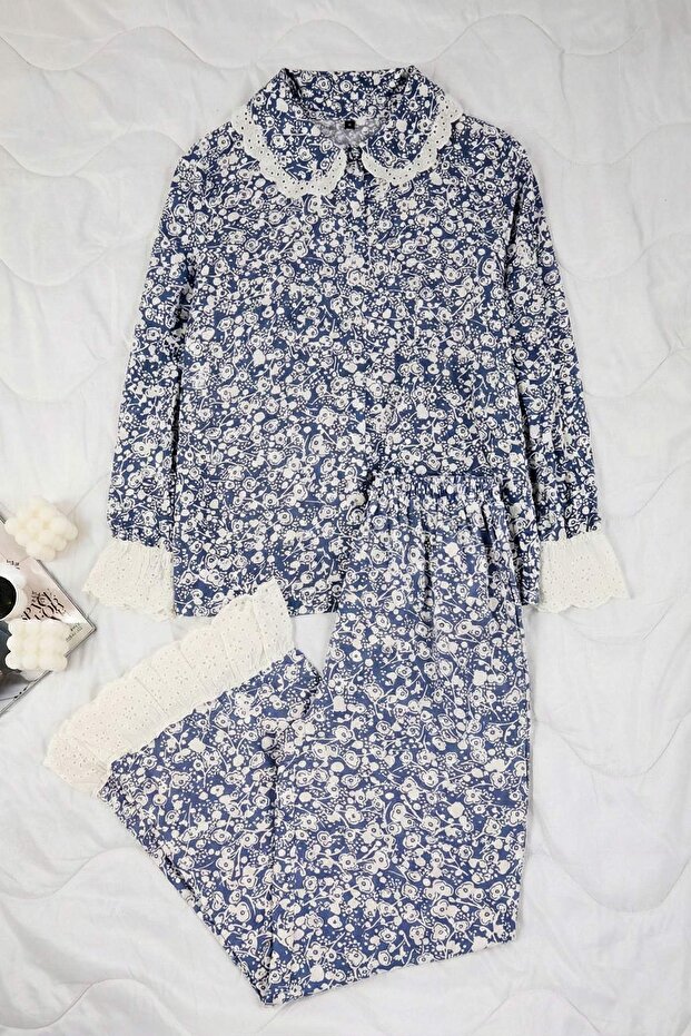 Mavi Çiçekli Viskon Dokuma Pijama Takımı THMAW26PT00185 - 5