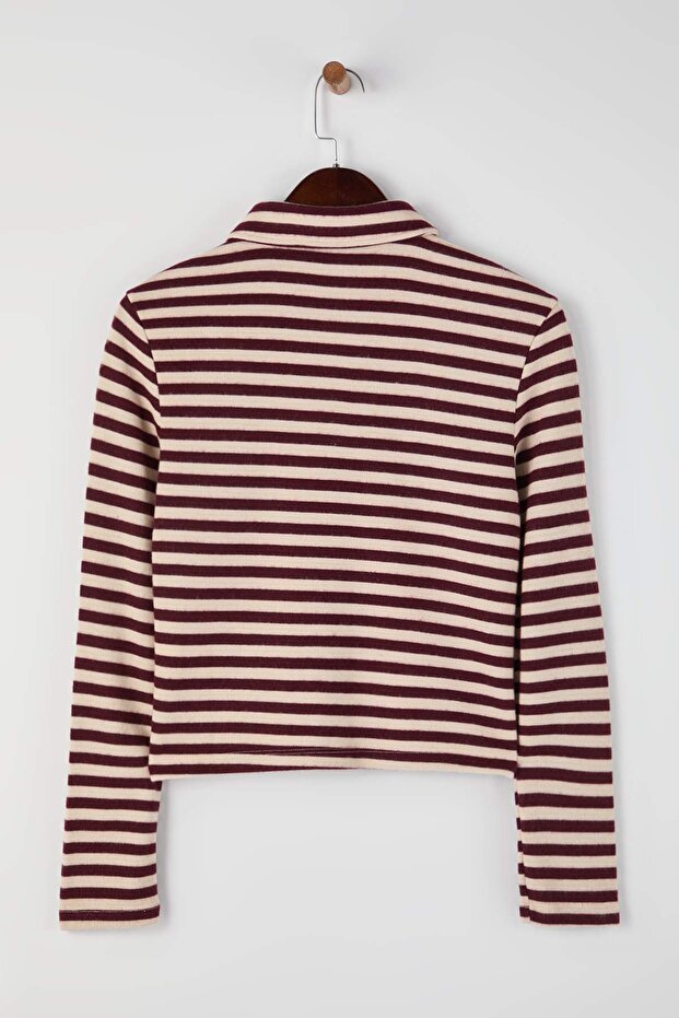 Ekru Çizgili Selanik Düğmeli Fitted/Vücuda Oturan Polo Yaka Örme Bluz TWOAW26BZ00342 - 6