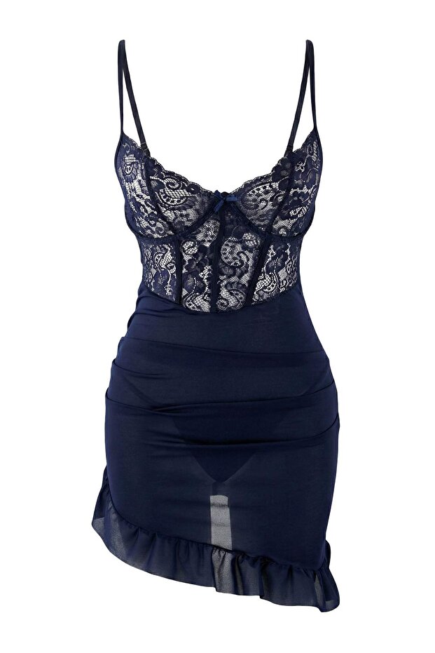 Lacivert Büzgülü İp Askılı Külotlu Babydoll/Fantezi Gecelik THMAW26LL00014 - 5