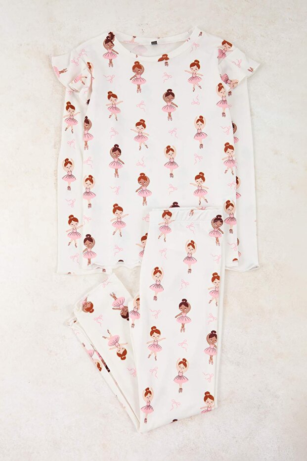 Pudra-Ekru Baskılı Yumuşak Dokulu 4'lü Örme Regular Kız Çocuk Alt-Üst Pijama Takımı TKDAW26PT00012 - 5