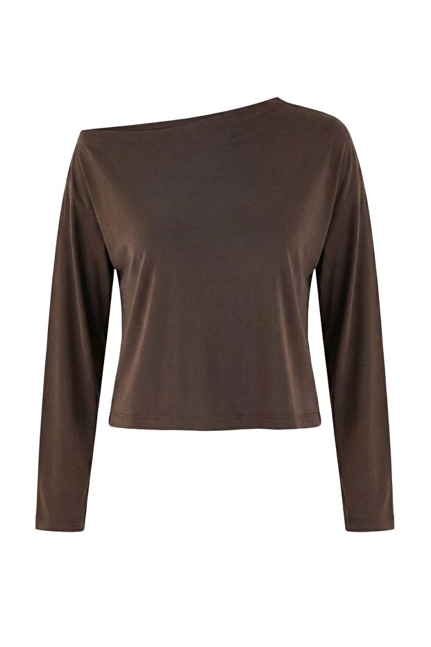 Kahverengi Modal More Sustainable Kayık Yaka Relaxed/Rahat Kesim Premium Örme Bluz TWOAW25BZ00282 - 5