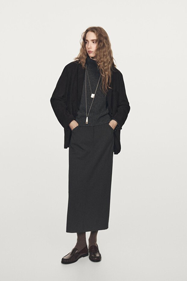 Yün cepli düz midi etek - 1