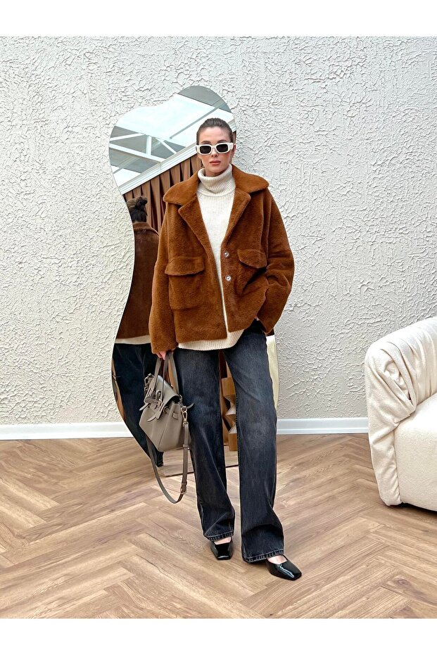 Kadın Cepli Uzun Tüylü Ceket - 2