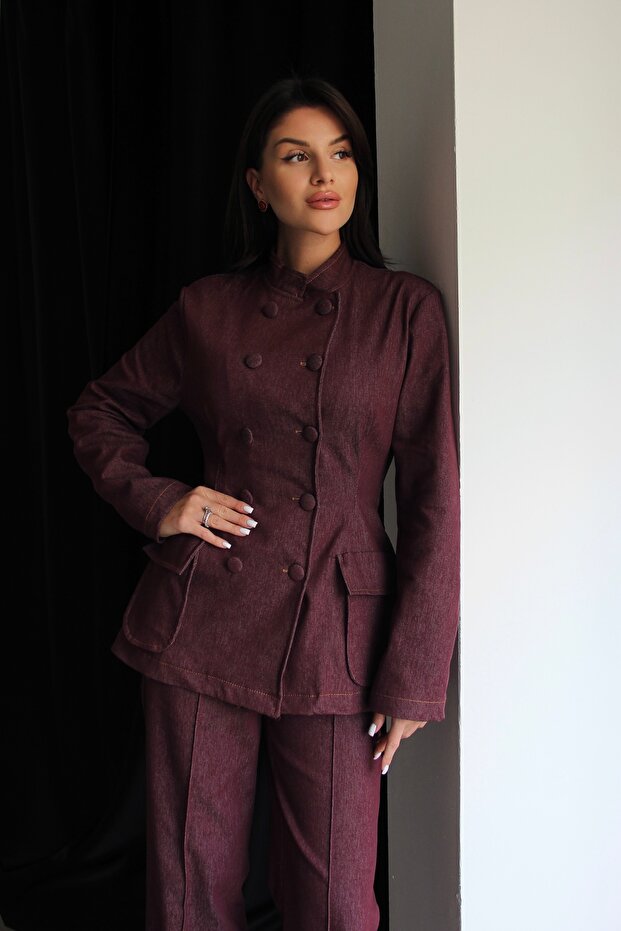 Plum Button Detailed Blazer Jacket and Pants Bottom Top Premium Denim Suit