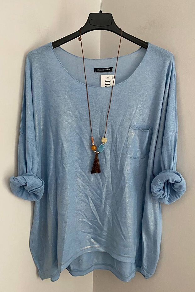 Women's Italian Blue Collared Blouse with Pocket on Front Side Shiny Glitter Detailing Casual Long Sleeve Blouse