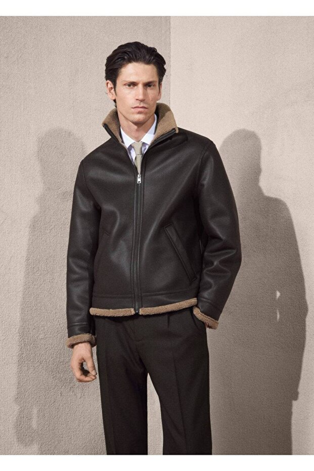 Kürklü deri görünümlü mont - 8