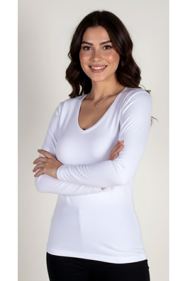 Women's White Long Sleeve V-Neck Body Blouse
