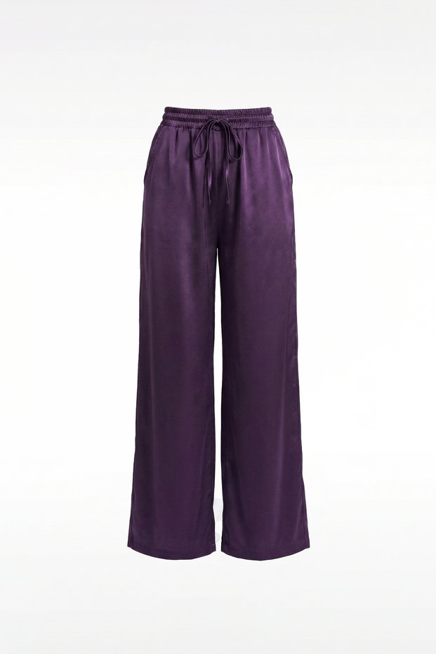 Women's Purple Satin Elastic Waist Women's Trousers