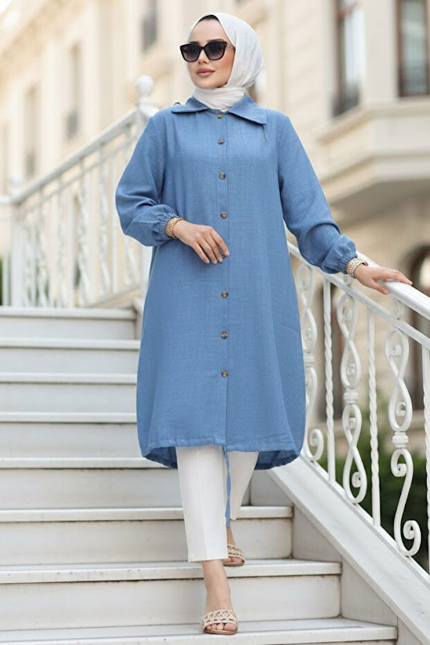 Buttoned Indigo Blue Hijab Tunic 70881Im