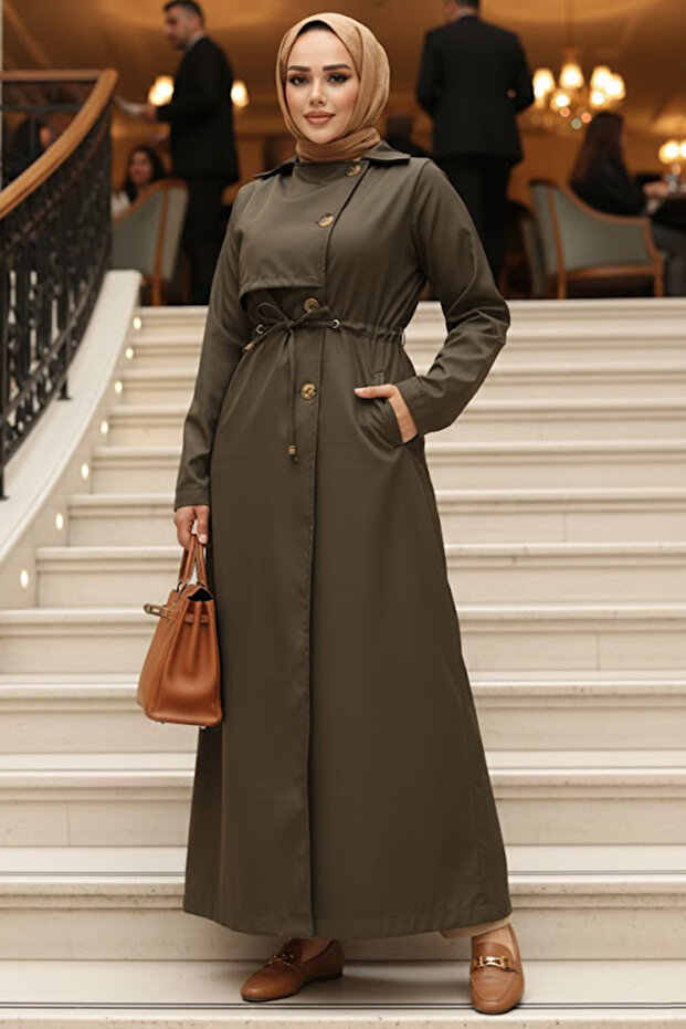 Buttoned Khaki Hijab Trench Coat 62231Hk