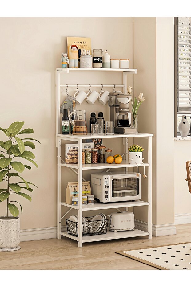 4-Tier Kitchen Storage Rack, Coffee Corner Table with 5 Hooks & Adjustable Shelves